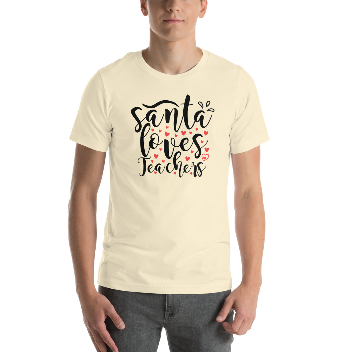 Santa Loves Teachers Christmas – Hearts Script Unisex T-Shirt