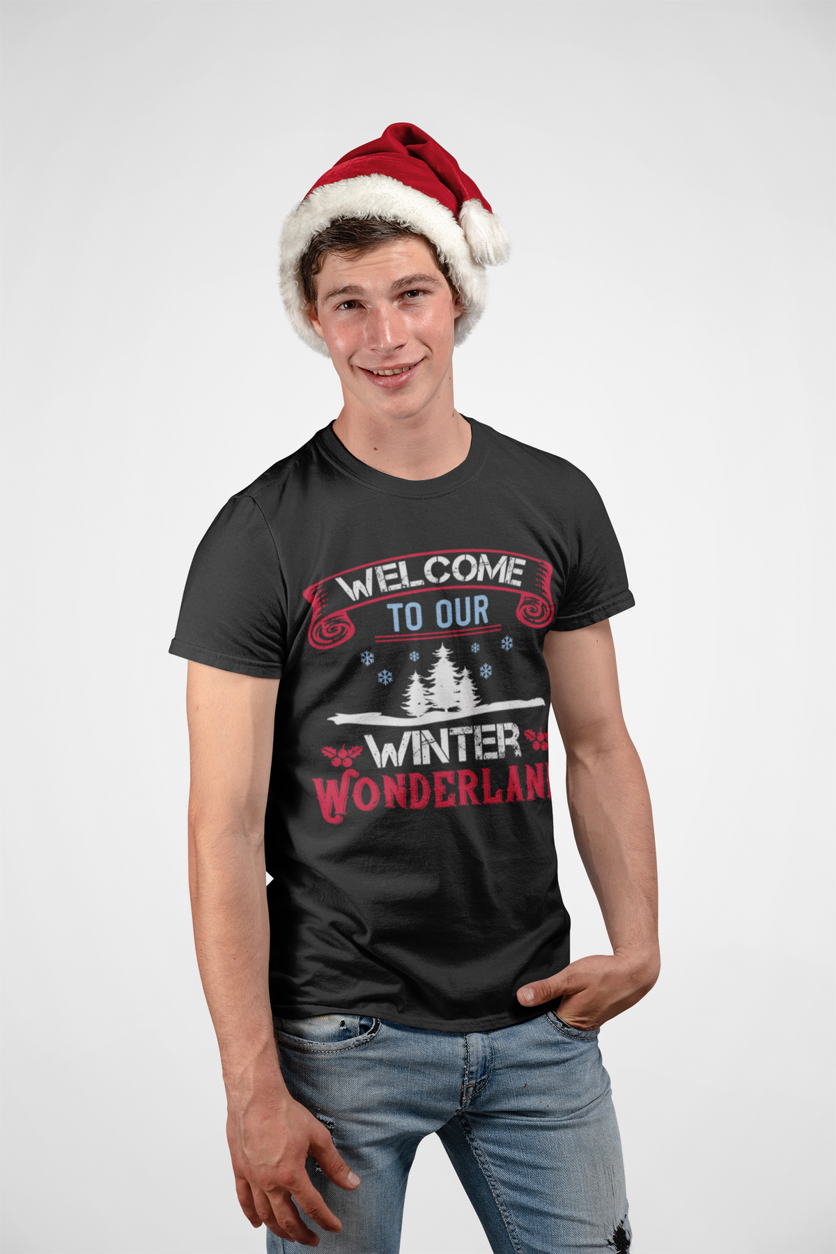 Man wearing the Welcome to Our Winter Wonderland black t-shirt