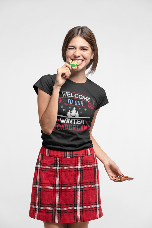 Woman wearing the Welcome to Our Winter Wonderland black t-shirt