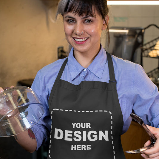 Custom apron with your own design, worn by a barista