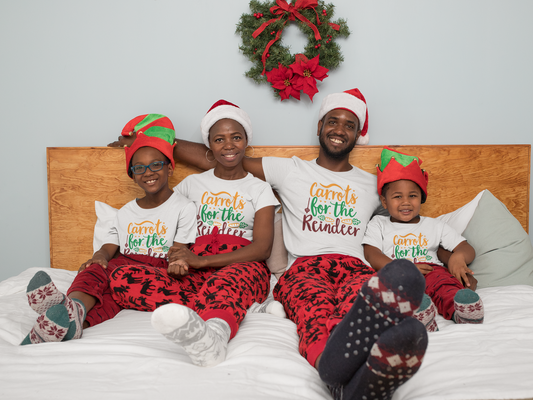 Matching family wearing Carrots for the Reindeer Christmas shirts