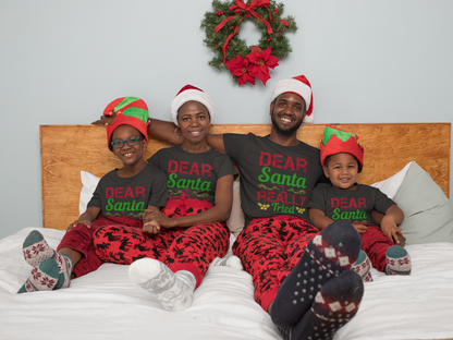 Matching family wearing Dear Santa, I Really Tried Christmas shirts