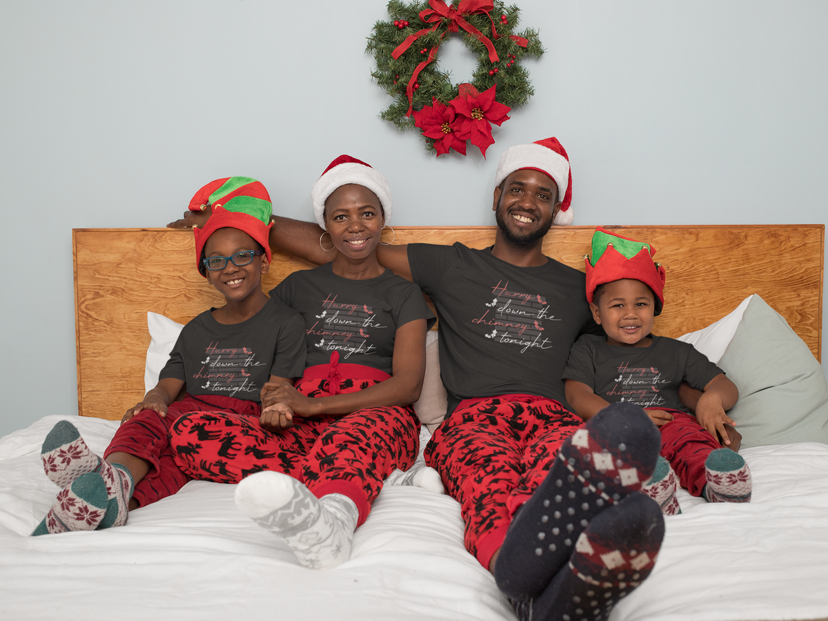 Matching family wearing Hurry Down the Chimney Tonight Christmas shirts