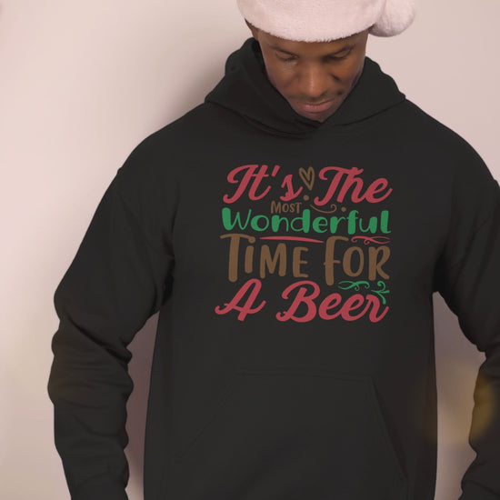 Video of a man wearing the Most Wonderful Time for a Beer black hoodie