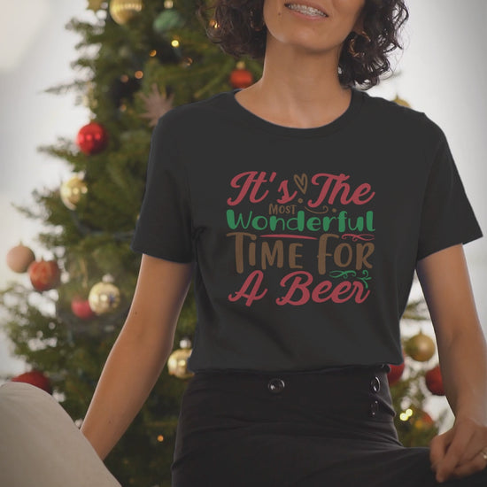 Video of a woman wearing the Most Wonderful Time for a Beer black t-shirt