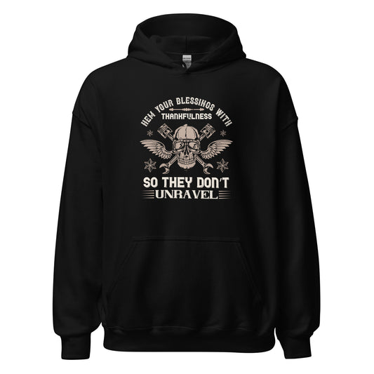 Hem Your Blessings with Thankfulness Biker Skull Hoodie in Black, front view