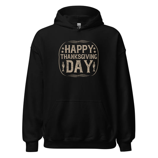 Happy Thanksgiving Day Vintage Western Hoodie in Black, front view