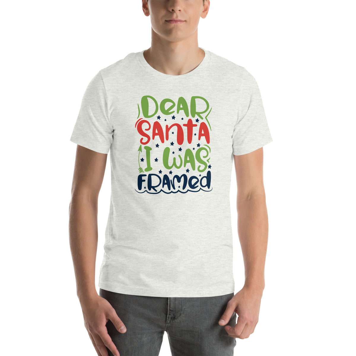 Dear Santa, I Was Framed Christmas – Starry Block Letters Unisex T-Shirt