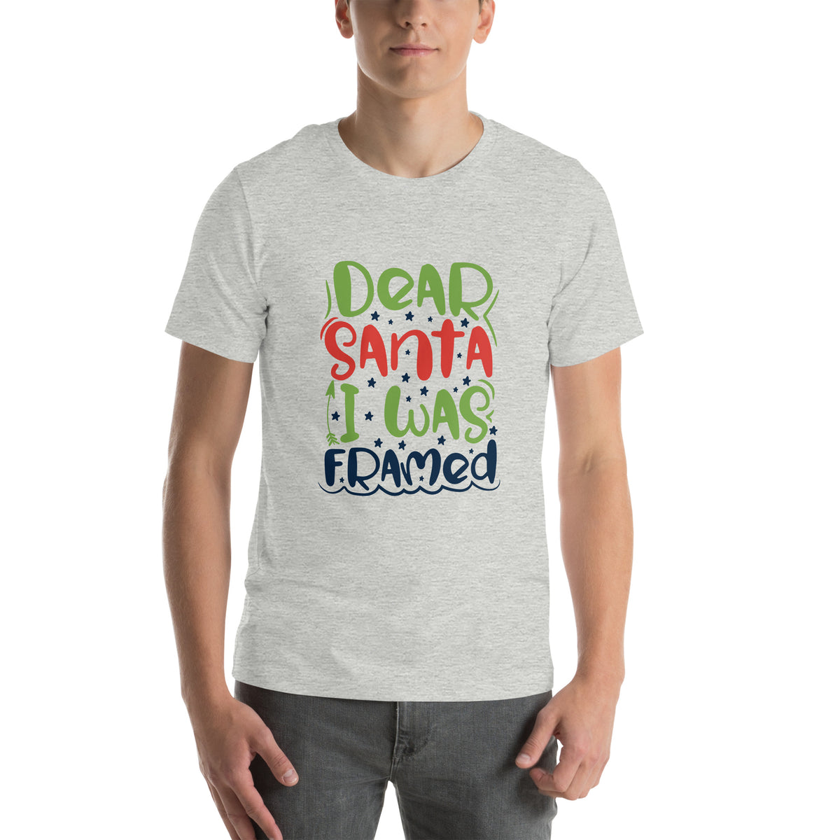 Dear Santa, I Was Framed Christmas – Starry Block Letters Unisex T-Shirt