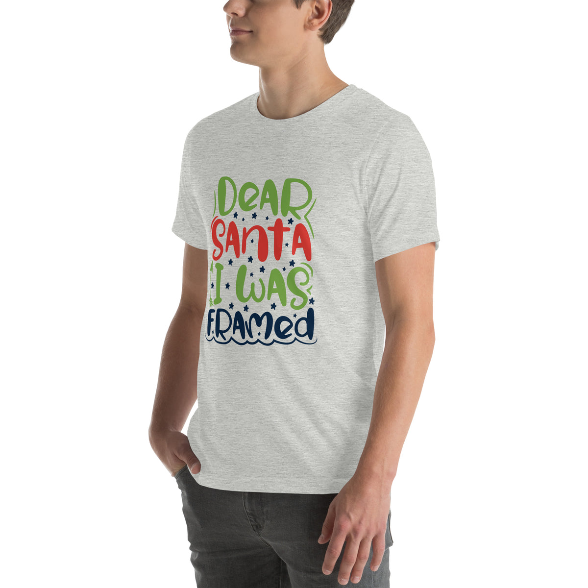 Dear Santa, I Was Framed Christmas – Starry Block Letters Unisex T-Shirt