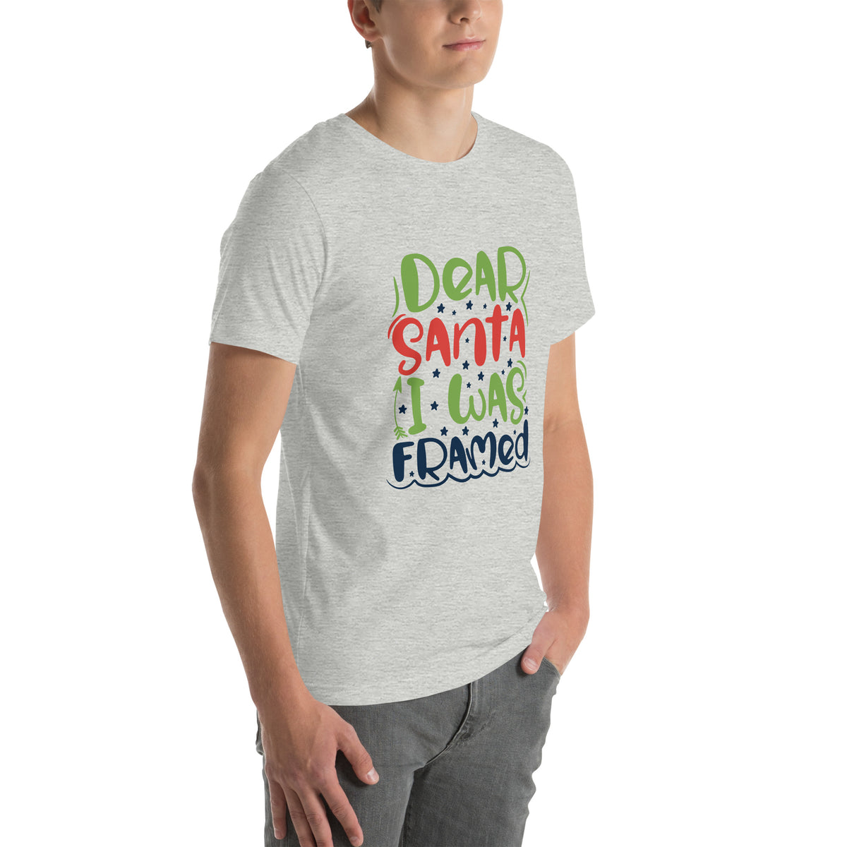 Dear Santa, I Was Framed Christmas – Starry Block Letters Unisex T-Shirt