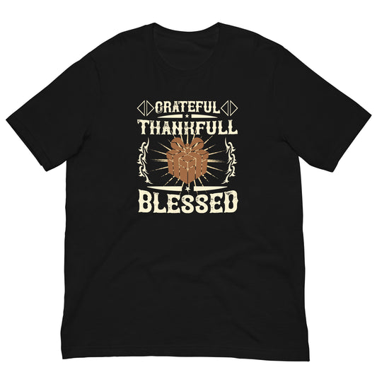Grateful Thankful Blessed Thanksgiving T-Shirt in Black, front view