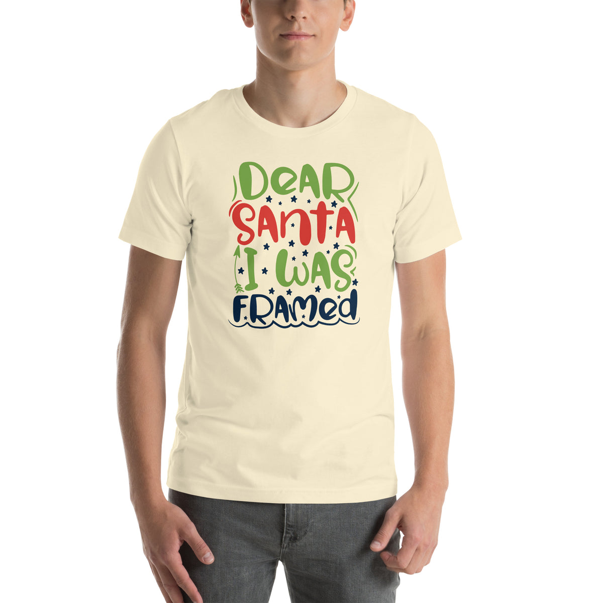 Dear Santa, I Was Framed Christmas – Starry Block Letters Unisex T-Shirt