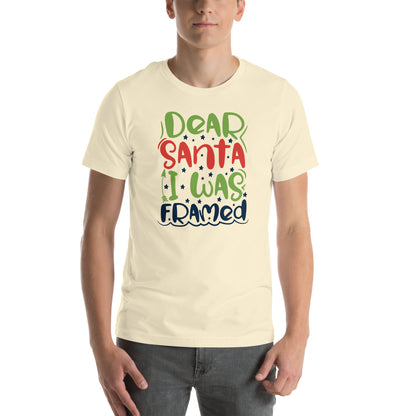 Dear Santa, I Was Framed Christmas – Starry Block Letters Unisex T-Shirt