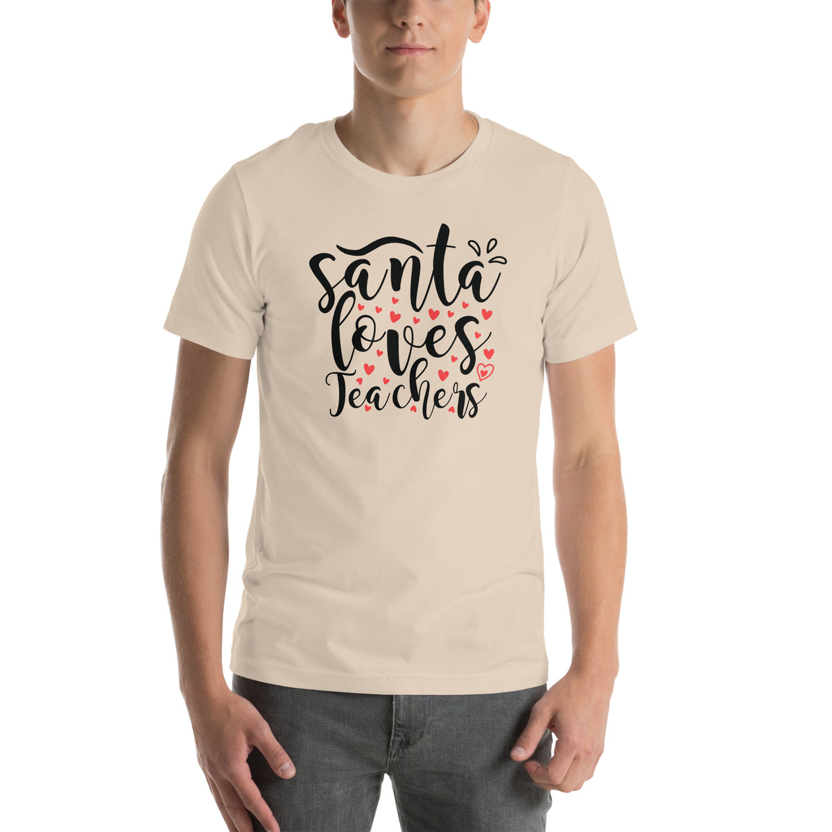 Santa Loves Teachers Christmas – Hearts Script Unisex T-Shirt