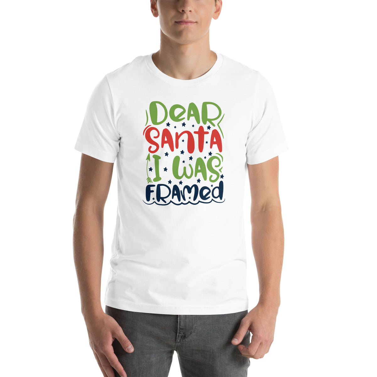 Dear Santa, I Was Framed Christmas – Starry Block Letters Unisex T-Shirt