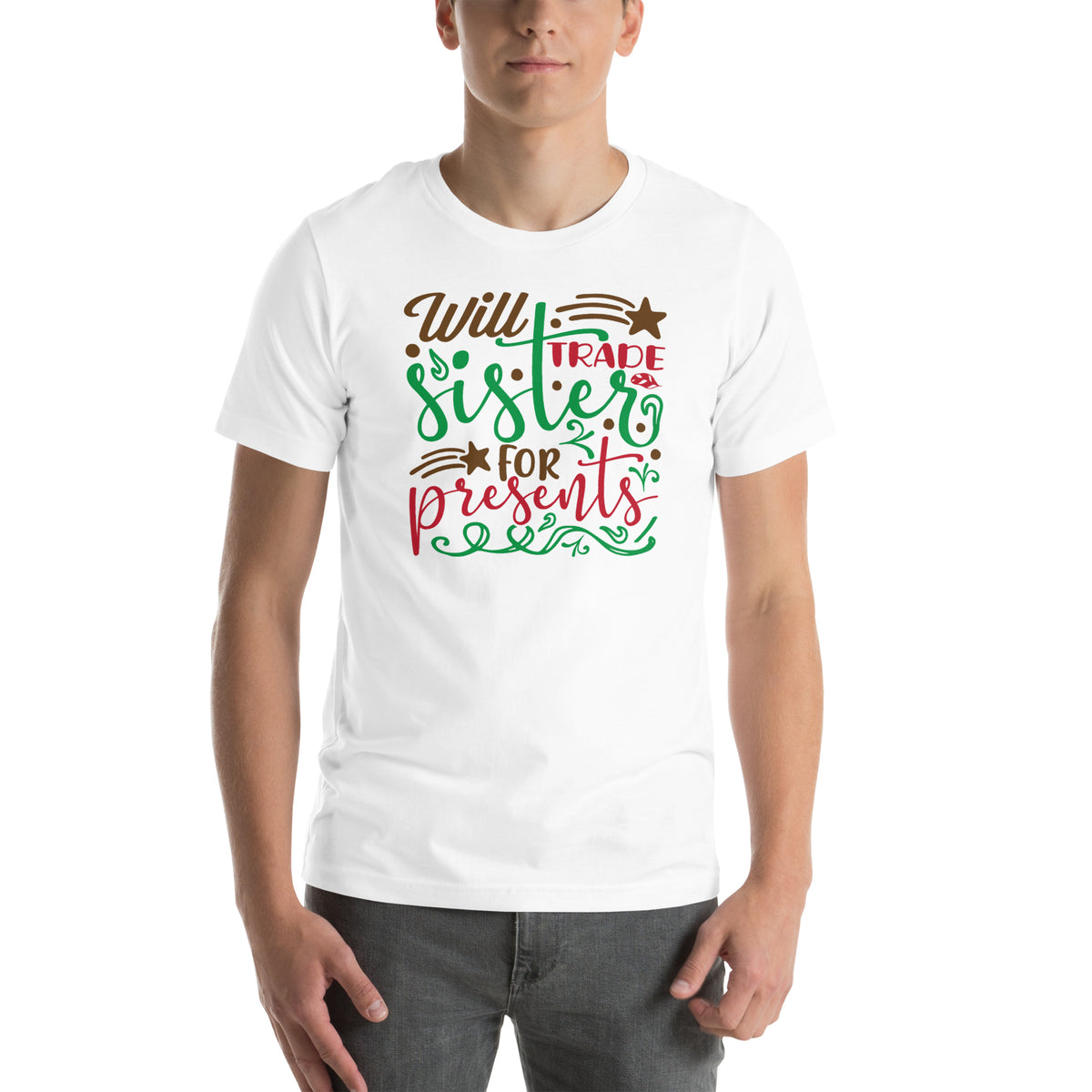 Will Trade Sister for Presents Christmas – Starry Script Unisex T-Shirt