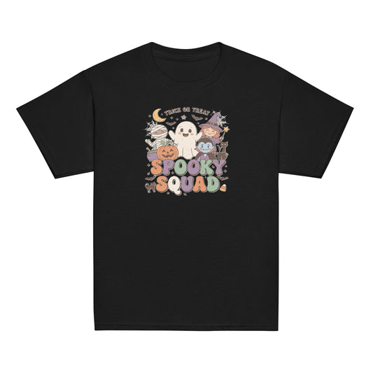 Trick or Treat Spooky Squad Kids Halloween T-Shirt in Black, front view